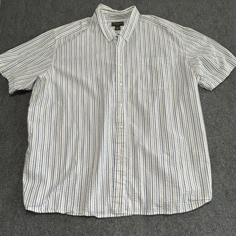 EDDIE BAUER Seersucker Striped Short Sleeve Shirt Blue Cotton Mens 4XLT